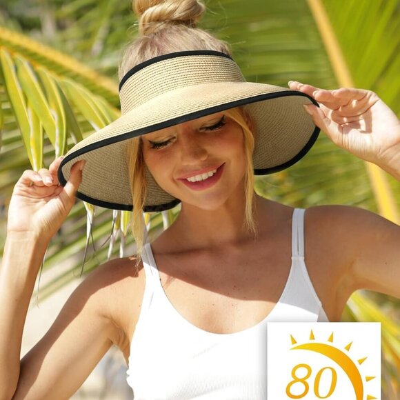 Sun Visor Hat Women Wide Brim Foldable Straw UV Protection Summer Packable - Picture 7 of 9